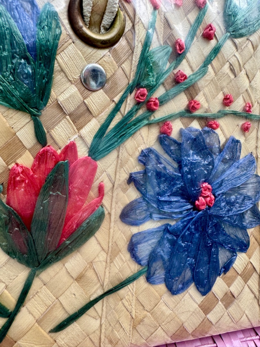 Vintage 50s/60s Woven Straw Floral Trinidad & Tobago Large Tote Travel Bag - Picture 4 of 16